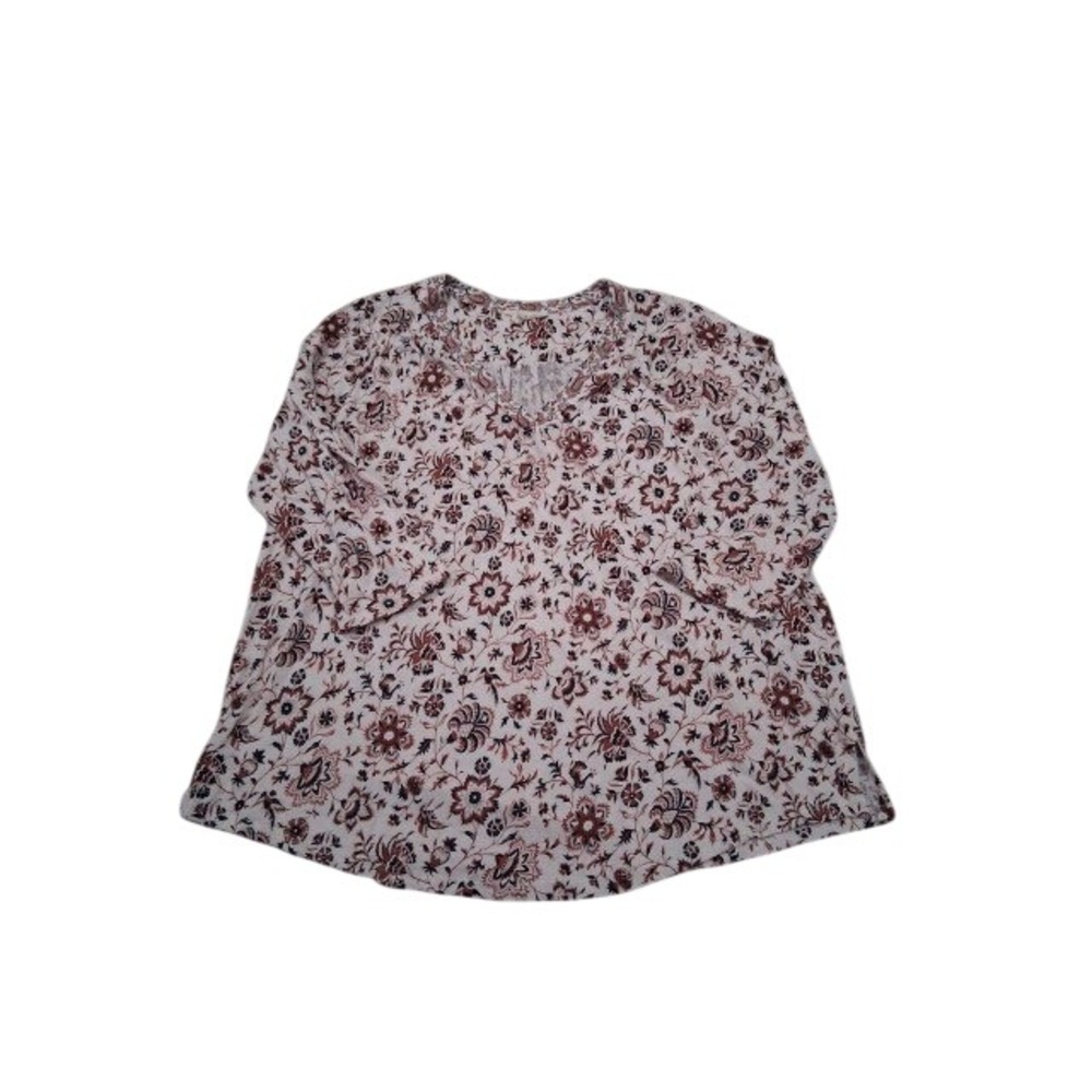 Lucky Brand‎ Womens 1X Floral Paisley Split Neck 3/4 Sleeve Knit Top Pinks Reds